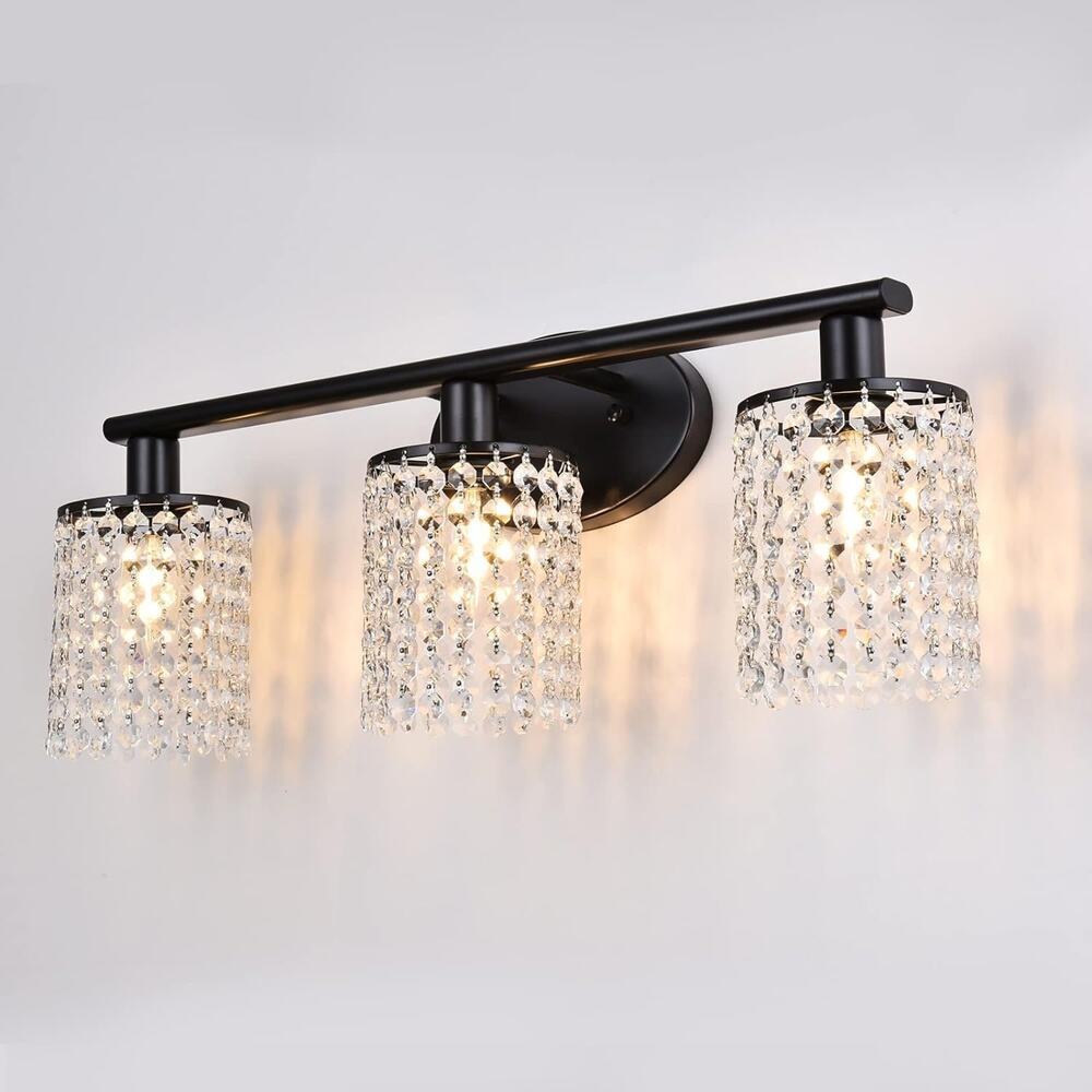Black Bathroom Light Fixtures, 3-Light Crystal Vanity Lights Over Mirror |‎ NEW